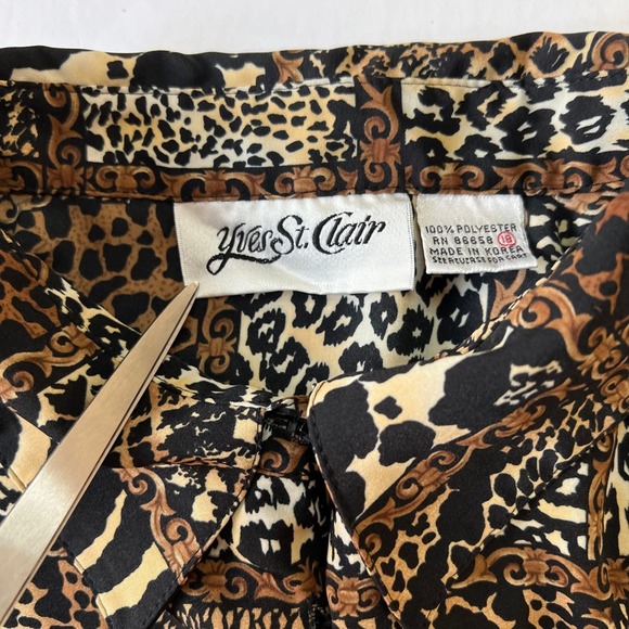 Vintage 80's Collared Blouse Brown Animal Print Button Down Yves St. Clair - Picture 3 of 6